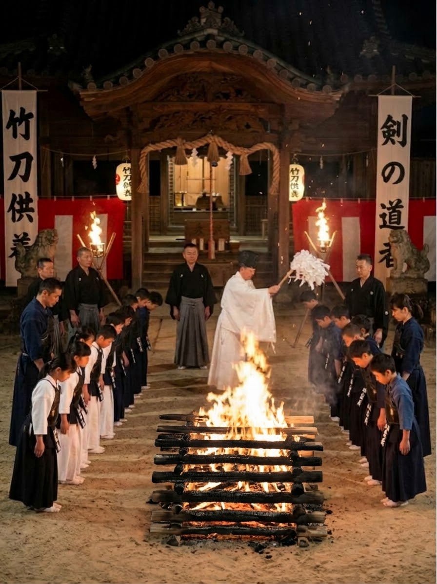 神社で行われる竹刀供養。焚き火を囲み一礼する剣士たち